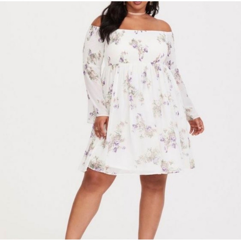 Torrid ivory floral smocked chiffon dress off the shoulder fairy core whimsical